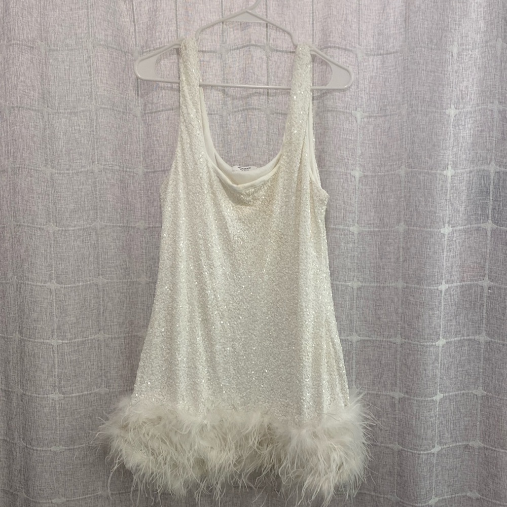 Church mini sequin feather dress! Bachelorette dream!